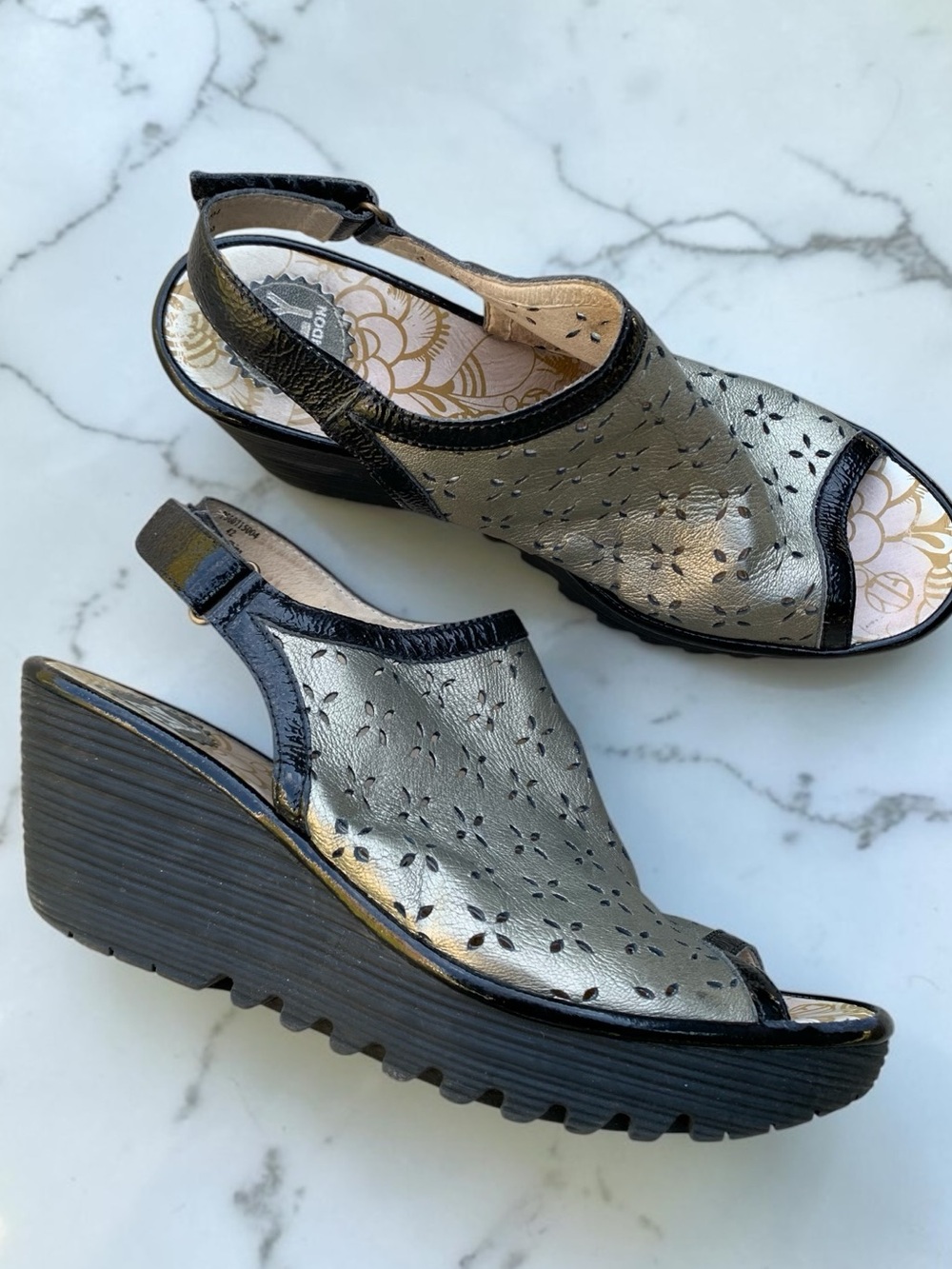 Fly London Metallic Wedge Sandals EU 42 US 11